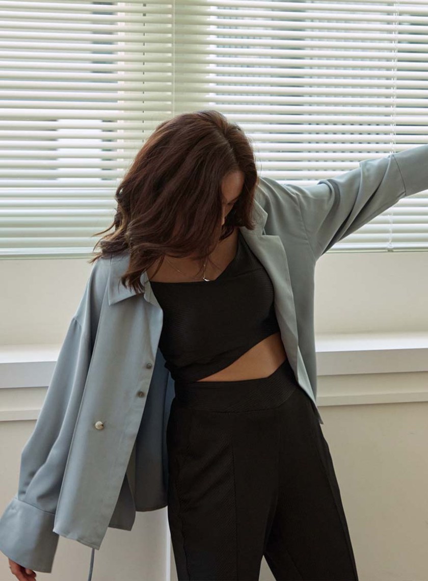 不對稱領細綁帶長袖襯衫